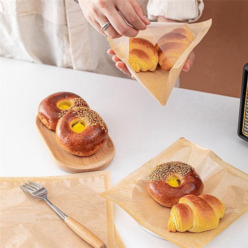 VOFUN-100Pcs Heat Seal Bakery Bags, Grease Proof Kraft Paper Biscuit Packaging Cake Bags For Packaging Donut Dough Baked Goods