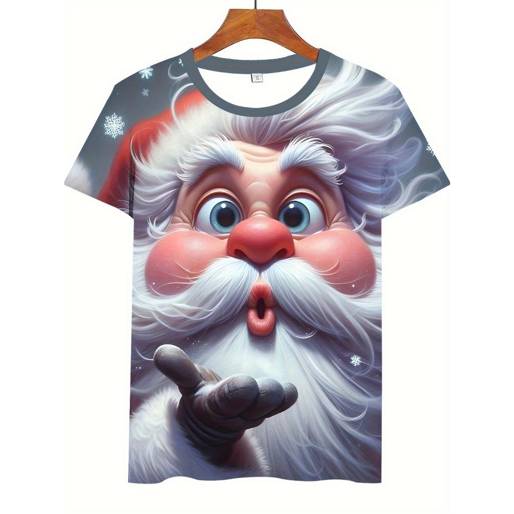 Weihnachtselement T-Shirt für Herren Lustiger Weihnachtsmann 3D-Druck Kurzarm T-Shirt Sommer Casual Rundhals Oversized Herrenbekleidung Top