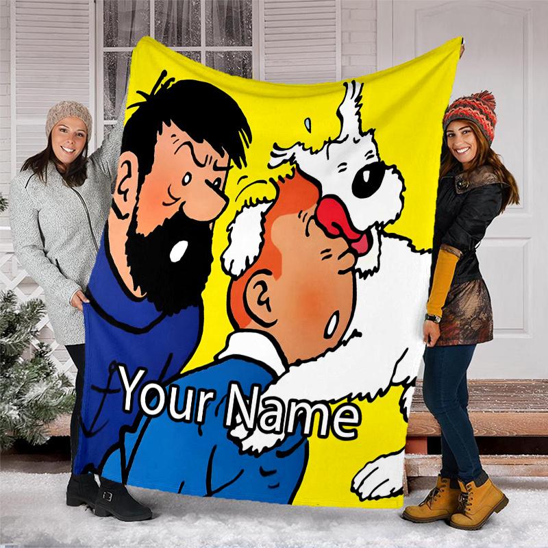 Custom Name Tintin Theme Printed Blanket - Perfect for Couch, Bed, Travel & Outdoor Use | Machine Washable, Cozy & Durable.
