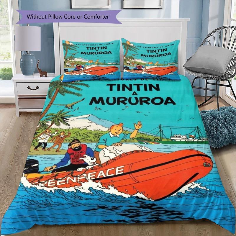 Juego de Funda Nórdica Tintín A Mururoa Cómic, Ropa de Cama Clásica de Dibujos Animados Con 2 Fundas de Almohada, Sin Relleno Nórdico, Decoración de Habitación Infantil Regalo Para Fans de Tintín