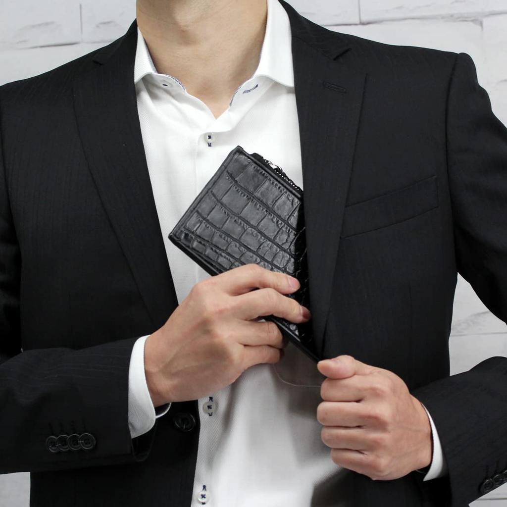 [Revetta] Crocodile Fragment Case Slim Wallet, Black Leather, Coin Purse, Bill and Card Case, Men's, Genuine Leather [212crw]
