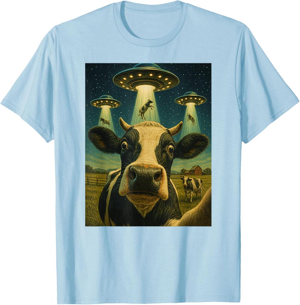 Funny Cow Abduction Selfie UFO Alien Graphic Tee T-Shirt Casual Daily Wear