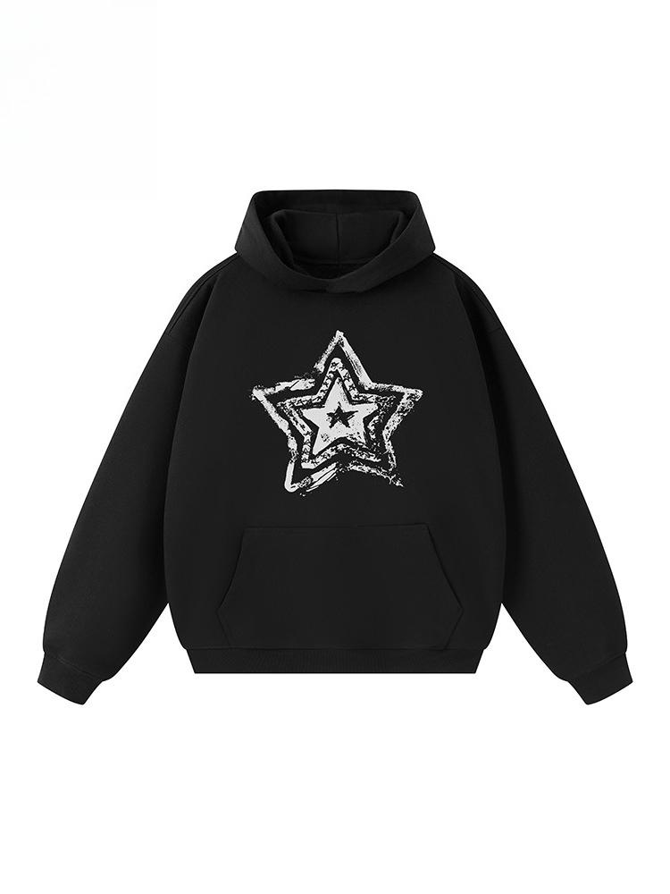 2025 Autumn New American Five-pointed Star Graffiti Printing Warm Loose Hooded Long-sleeved Shirt Men's and Women's Loose Top