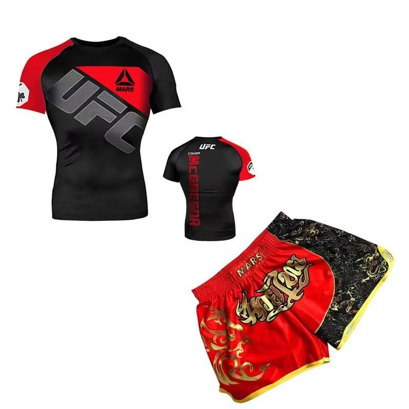 Herren Kompressions MMA Boxen Trainingsset Kurzarm Rash Guard Shorts Kampfsport Fitness