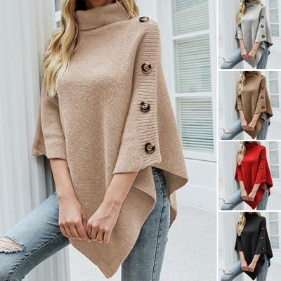 Women Sweater Tops High Collar Solid Color Cape Style Sweater Coat Button Decoration Loose Fit Casual Commuting Knitting Top