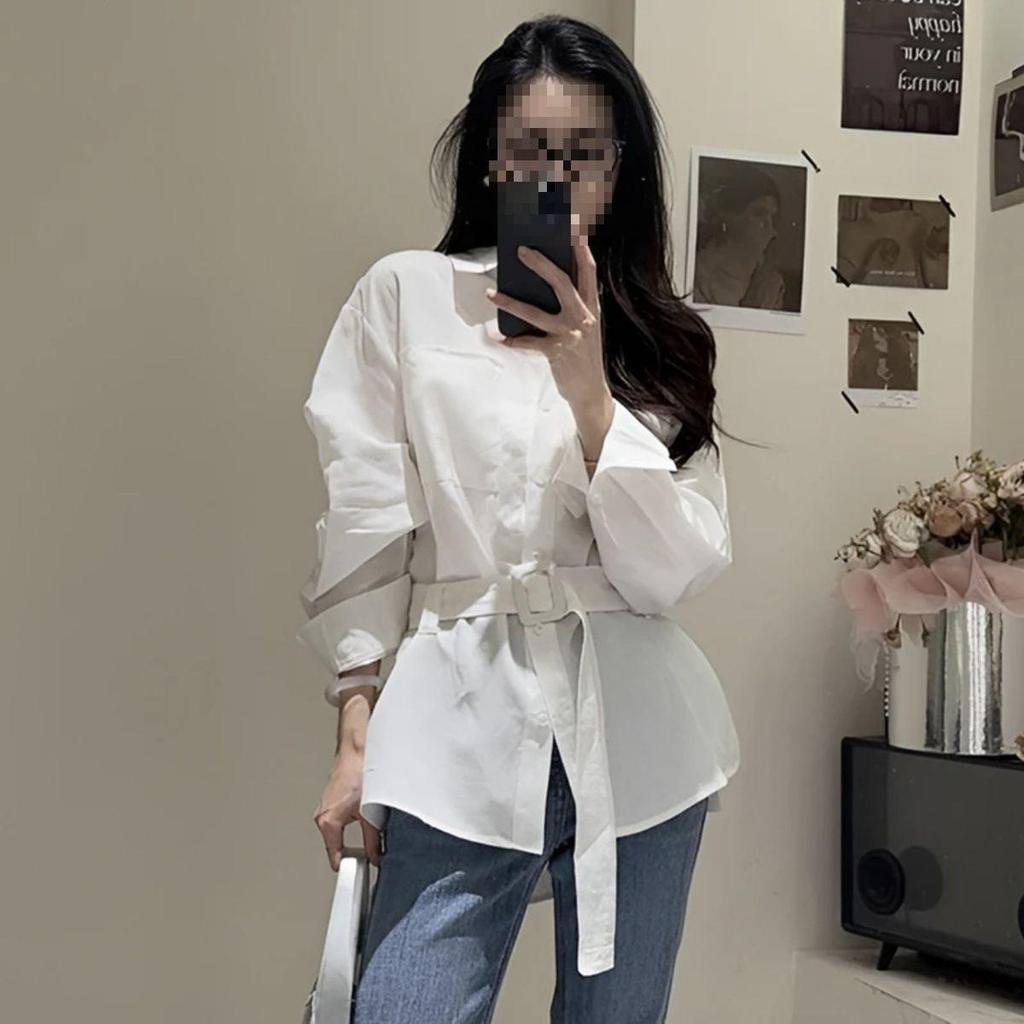 Korean Design Waist-Cinched Slimming Shirt with Belt - Spring/Summer 2025 Women's Casual Top