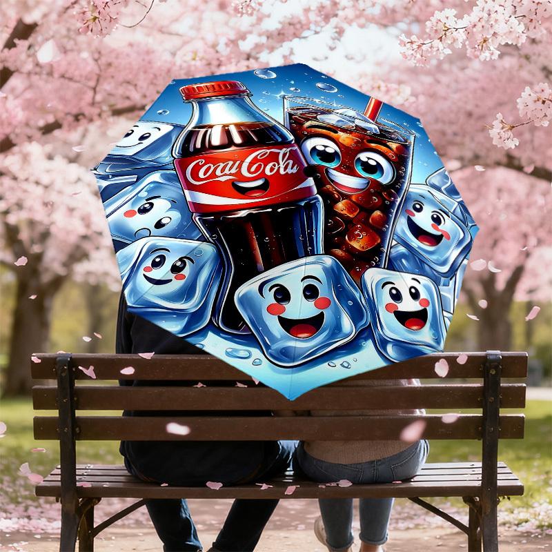 1 Stück Coca-Cola Eiswürfel Automatischer Öffnungs-/Schließschirm mit Winddichtigkeit, stabiles 8-Rippen-Dach, langlebige Rippen, modisches Design, Outdoor-Accessoire, lustiger Pr