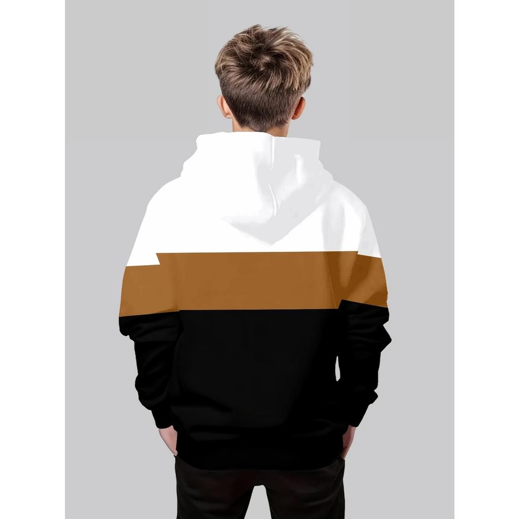 Boys' 3D Printed Hooded Sweatshirt - Contrasting White/beige/brown/black Pullover, Machine Washable Long Sleeved Sweater
