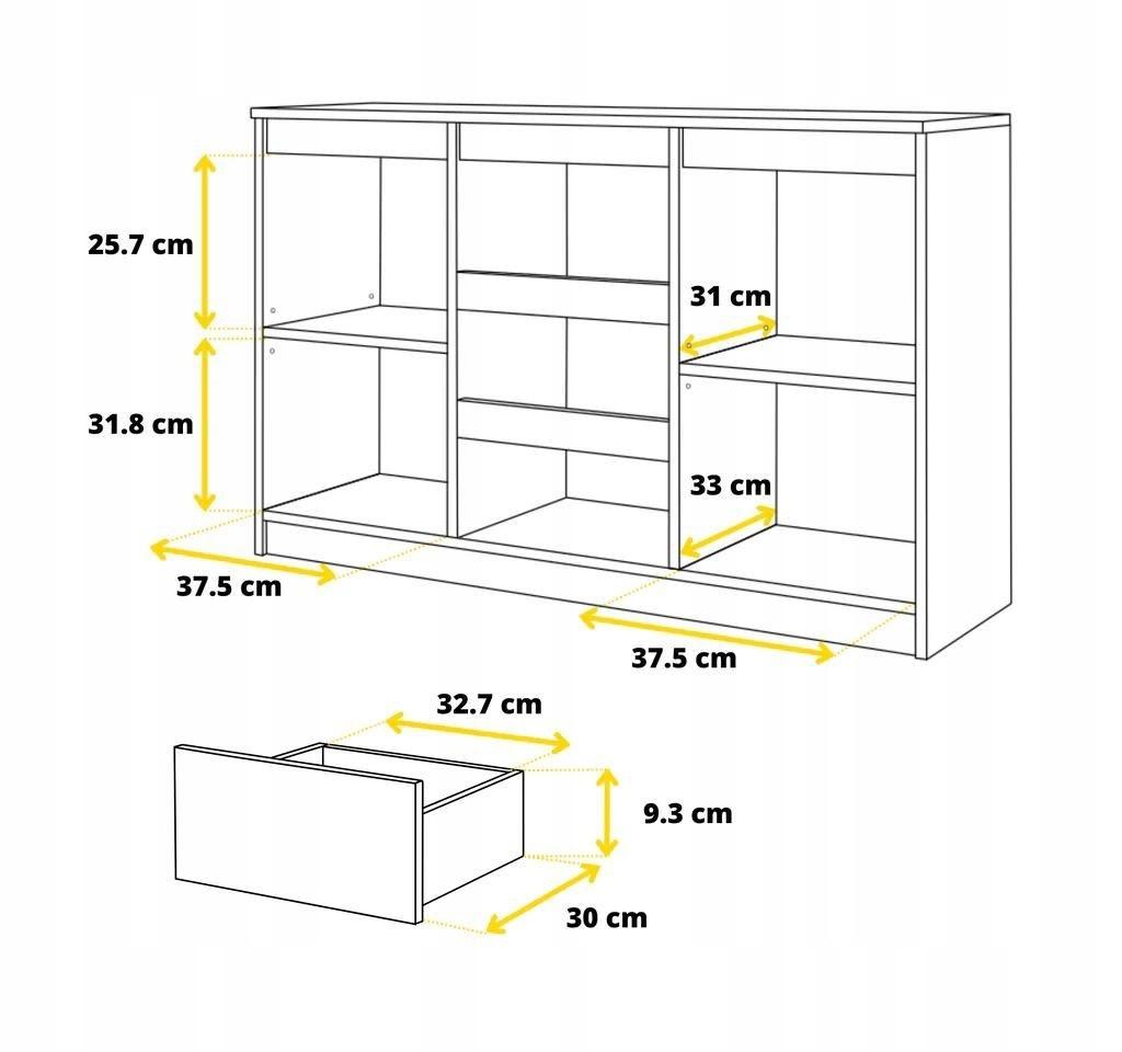 Komoda mikel 120 cm dąb wotan 3 szuflady, 2 drzwi, 2 półki szeroka