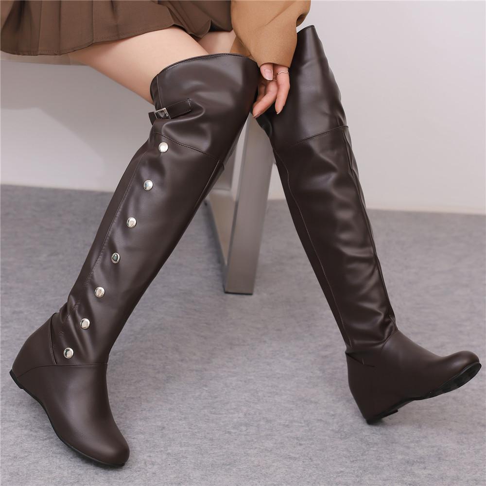 Women Boots  Winter New Fashion Casual Over-The-High Boots Round Toe Buckle Plus Size 34-43Lady Shoes Rivet Metal Decoration