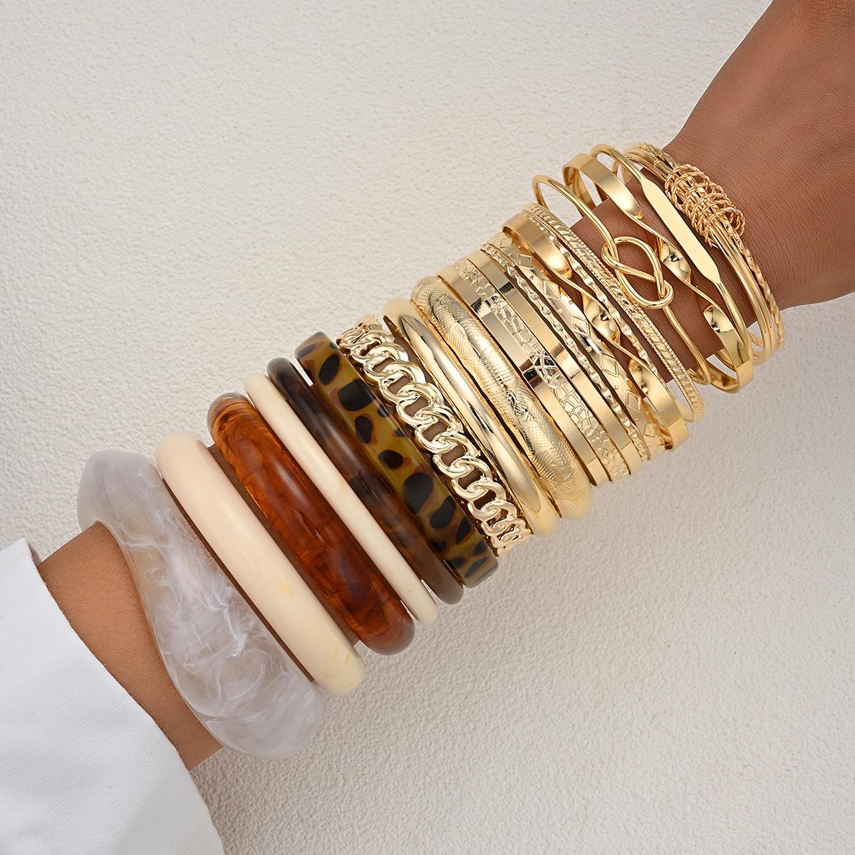 

21 Pcs Fashion Geometric Wide Bangle Set for Women Retro Elegant Minimalist Gold Color Metal and Leopard Print Resin Bracelets