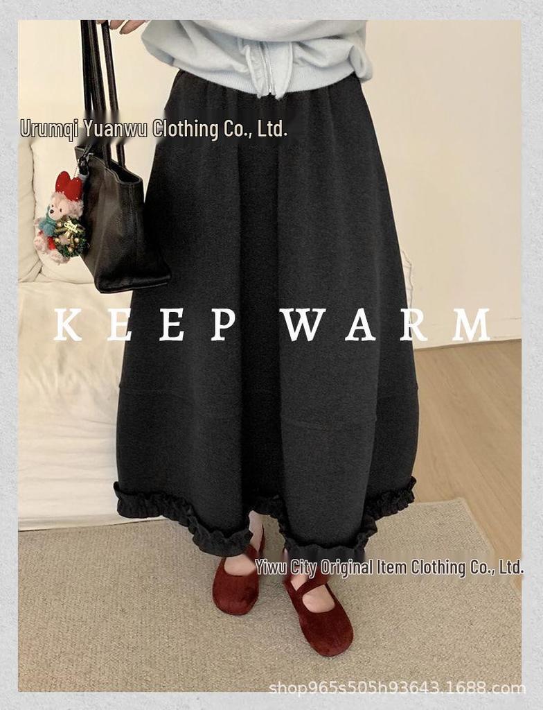 Retro Style Ruffled Patchwork Midi Skirt - Autumn/Winter, Loose Fit, High Waist, Wide Hem, A-line Skirt for Women