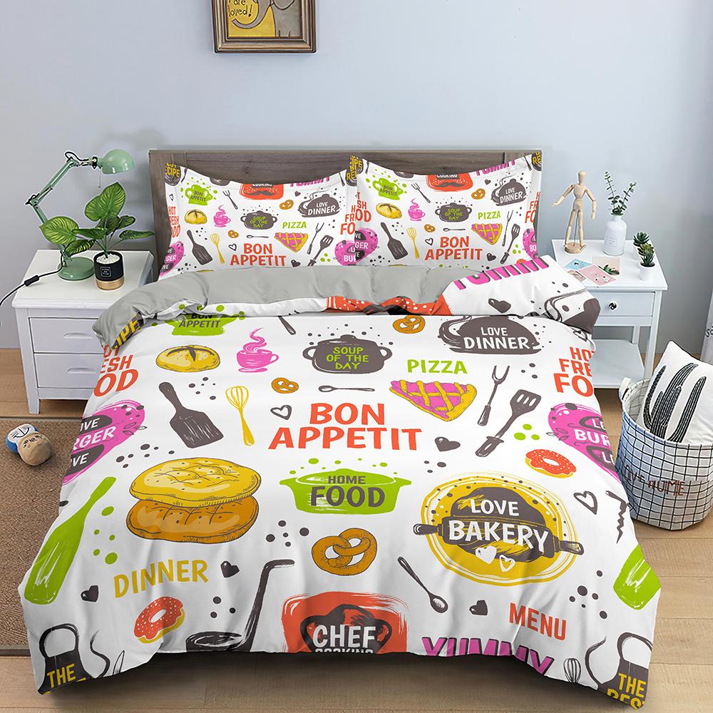 Snack Duvet Cover Set Coffee Bread Donut Pattern Pink Polyester Comforter Cover For Kids Adult Teen Bedding Set Queen King Size