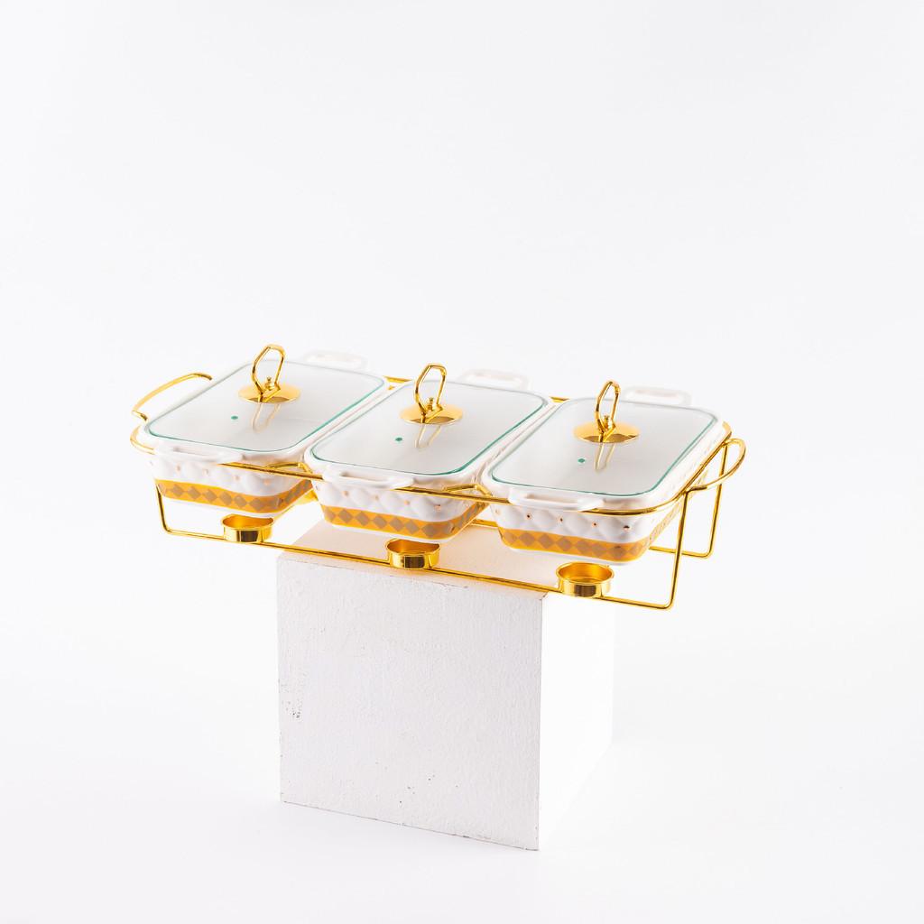 Three-grid Rectangular Ceramic Plate Soup Pot Metal Shelf Hotel Restaurant Hand-Colored Soup Pot Dry Pot Tableware Set