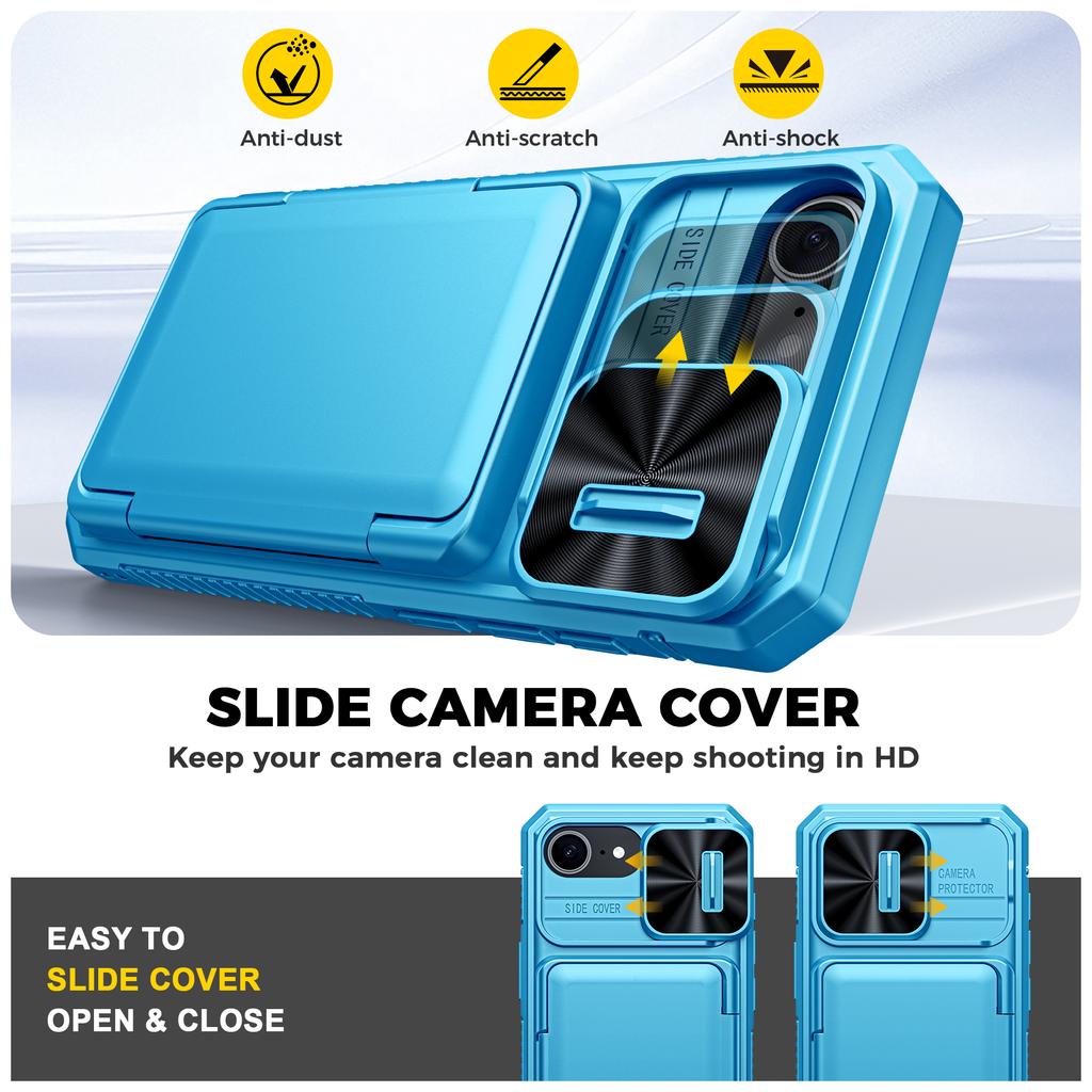 RFID Blocking Wallet Case with Card Holder Sliding Camera Cover PC+TPU Protective Case for IPhone 16e/iPhone 17e-Light Blue
