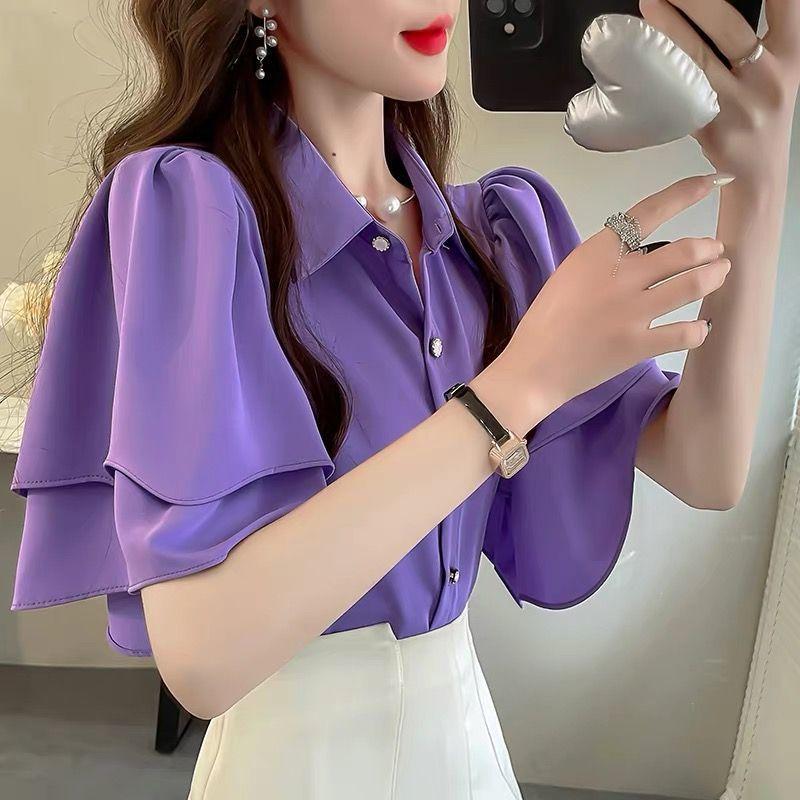 French Lady's Summer Loose Shirt Women's Loose Blouse Solid Color Fairy Style Ruffle Short Sleeve Chiffon Top
