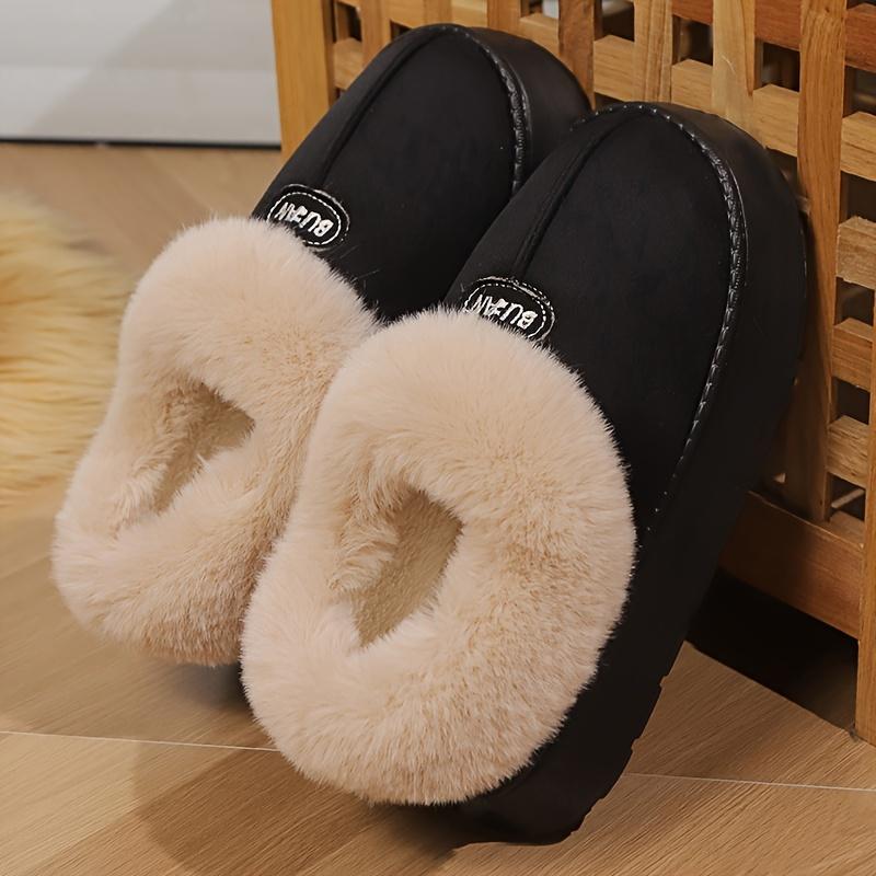 Solid Color Slip on Furry Slippers, Soft Warm Plus Fleece House Shoes with Round Toe,  Casual All-Season Slippers