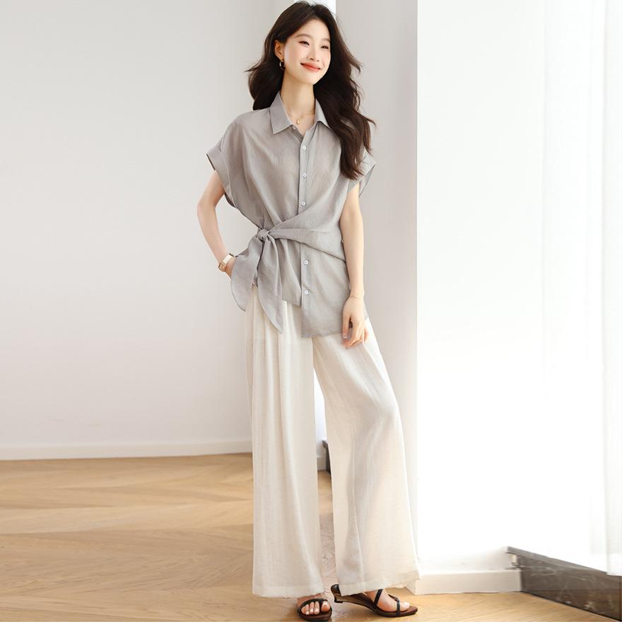 Fashion suit women's  new design sense casual Tencel short-sleeved shirt wide-leg pants two-piece set