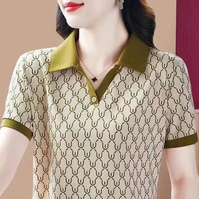 Women's Contrast Collar Polo Shirt Geometric Pattern Short Sleeve Knit Casual Top