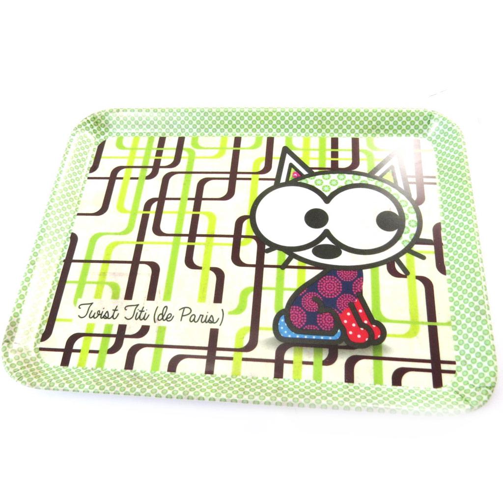 Les Trésors De Lily [N5507] - Small Tray 'Dog and Cat Lolita' Green Cat - 24x18 Cm