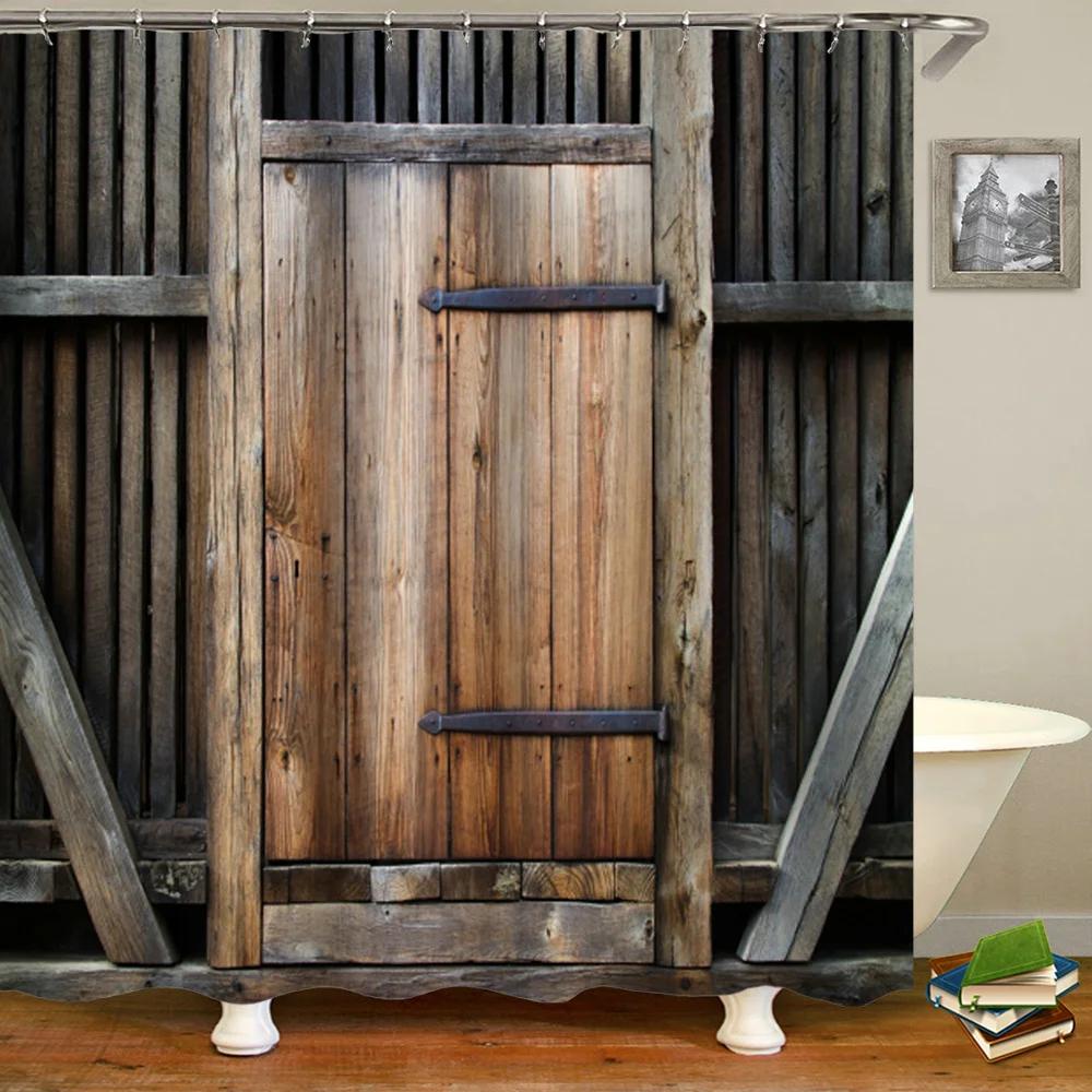 Bauernhaus Dekorativer Duschvorhang aus Holztür Retro Rustikale Scheunenholztür Europa Western Country Home Decor Badvorhanghaken