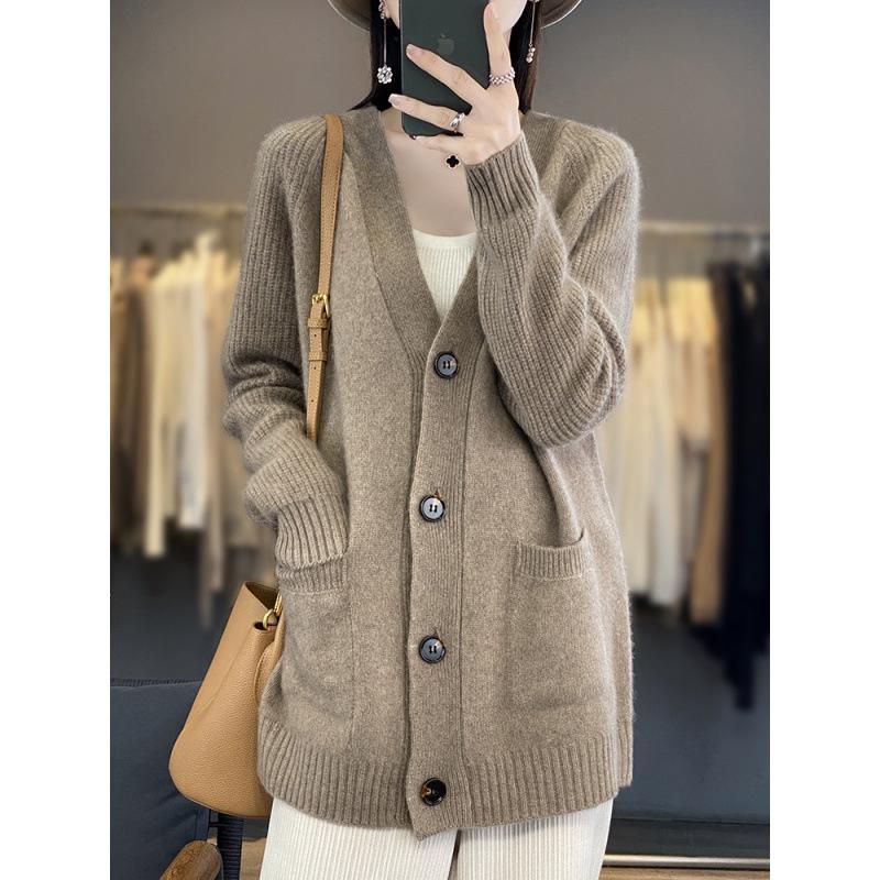 Women's V-Neck Mid-Length Imitation Cashmere Cardigan with Pockets