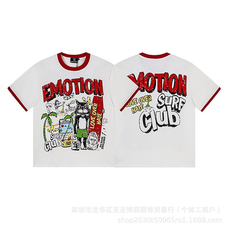 Unisex Vintage American Style Loose Fit Cotton Tee With Embellished Letter Print Round Neck Short Sleeve
