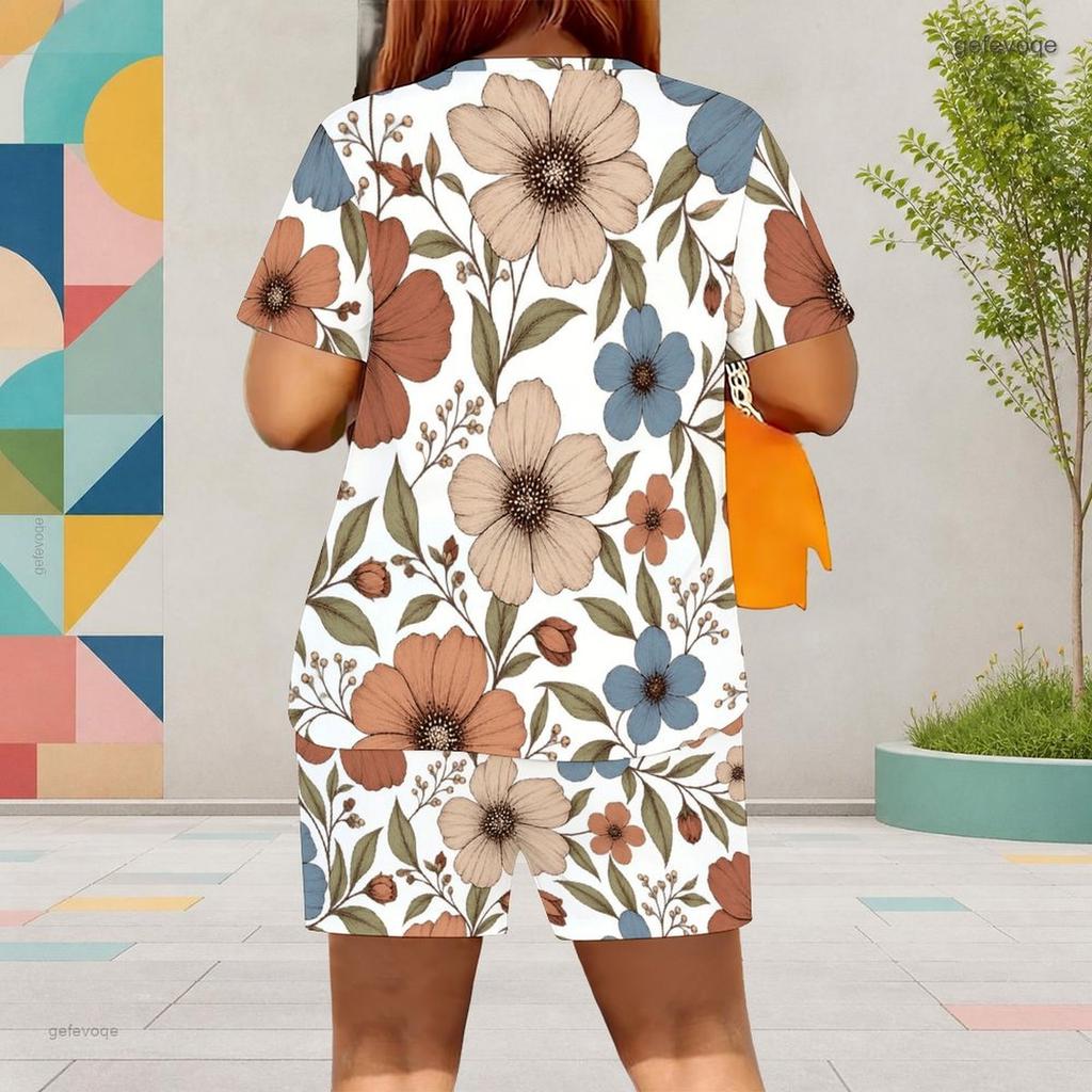 Women Plus Size White Floral Printed Round Neck Short Sleeve Top And Pocket Shorts Two Piece Set