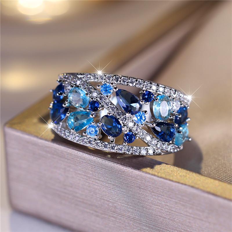 Luxury Female Blue Zircon Stone Ring Trendy Zinc Alloy Color Engagement Cute Bride Wedding Zircon Gift For Women