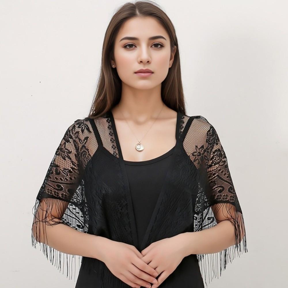 Polyester Lace Hollow Scarf Embroidery Mesh Scarves Elegant Tassel Triangle Shawl  Summer