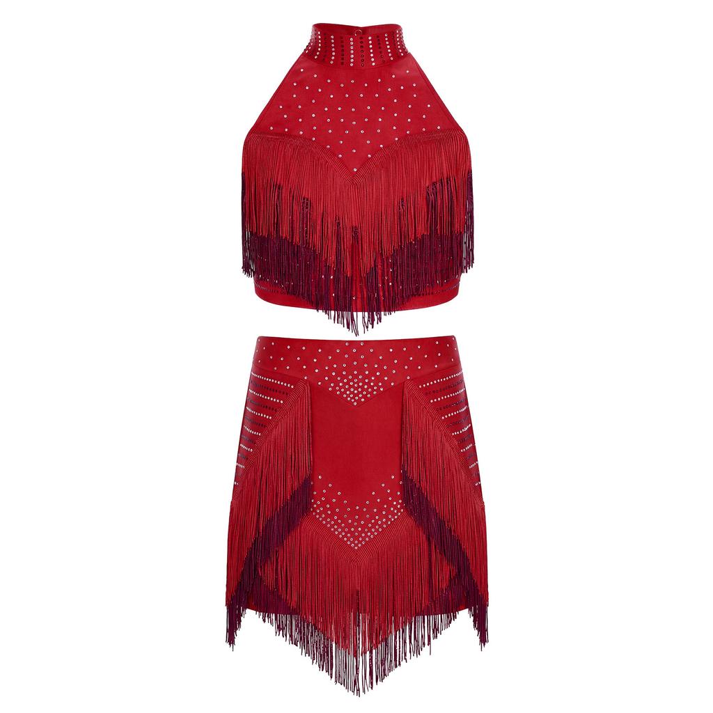 Top Corto Brillante con Borlas para Niñas, de Tirantes, sin Mangas, Espalda Descubierta, con Pantalón Corto Incorporado, Conjunto para Competición Latina