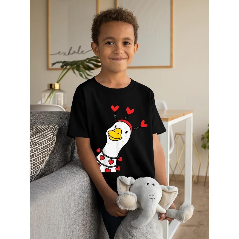 European sizes Boys & Girls Cute Goose Duck Valentines Day T-Shirt - Retro Short Sleeve Shirt with Goose & Duck Graphics, Round Neck Casual Top