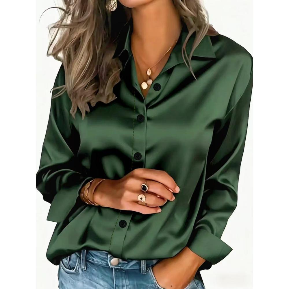 women's Shiny Satin Turn Down Collar Blouse Elegant Long Sleeve Shirt Casual Office Commute Wear Tops