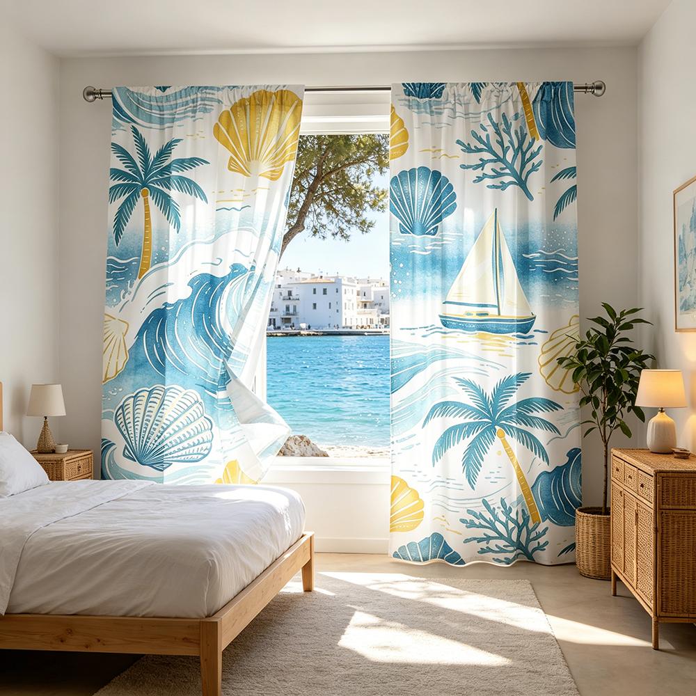 2PCS Ocean Wave Shell Curtains, Coastal Beach Print, Nautical Window Drapes for Living Room Bedroom Bathroom Decor