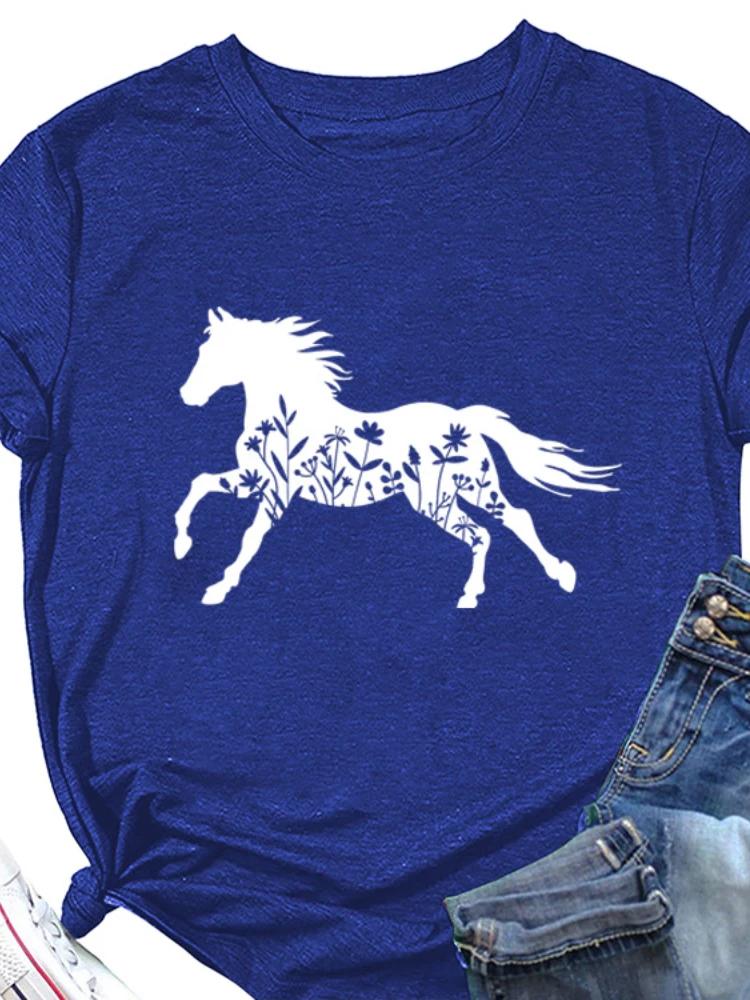 Wildblumen Pferde Print Damen T-Shirt Kurzarm O-Ausschnitt Locker Damen T-Shirt Damen T-Shirt Oberteile Kleidung Camisetas Mujer