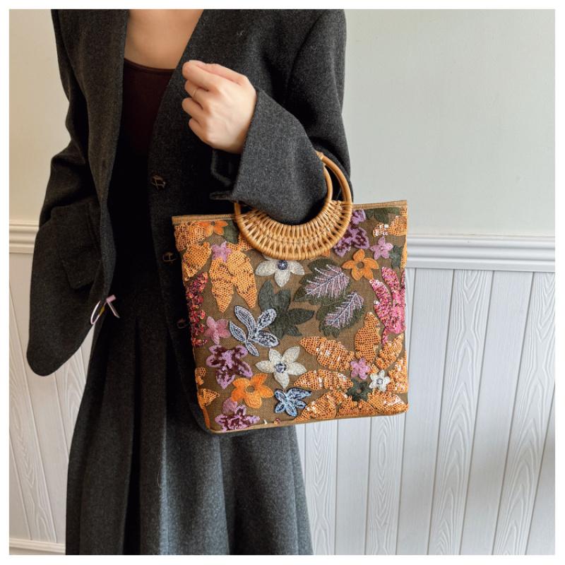 Ethnic Style Flower Embroidery Canvas Tote Bag Large Capacity Handbag For Women Top Handle Shopping Handbags