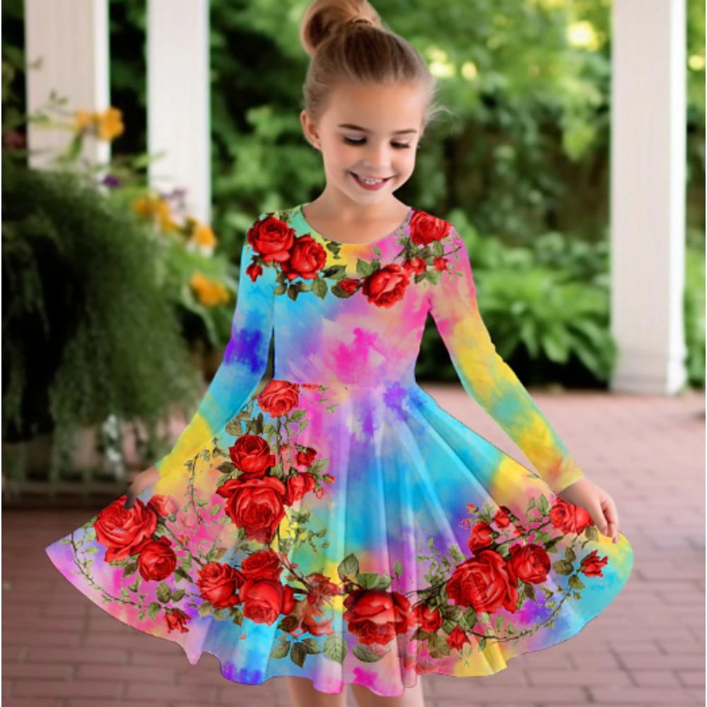 Girl Casual 3D Lavender Rose Print Round Neck Long Sleeve Dress Kid Princess Dress