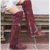 Fashion Bohemia Knee-length Women Boots Ethnic Personality High Tassels Faux Suede Girl Flat Bottom Long Botas Mujer