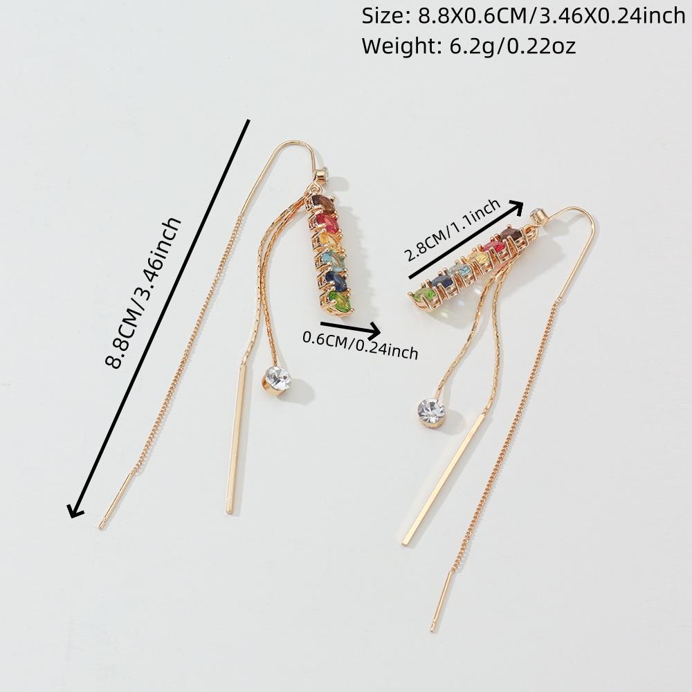 1Pair Fashion Colored Long Rectangle Tassel Cubic Zirconia Ear Line Long Hanging Drop Earrings for Women Piercing Threader Earing Ear Jewelry