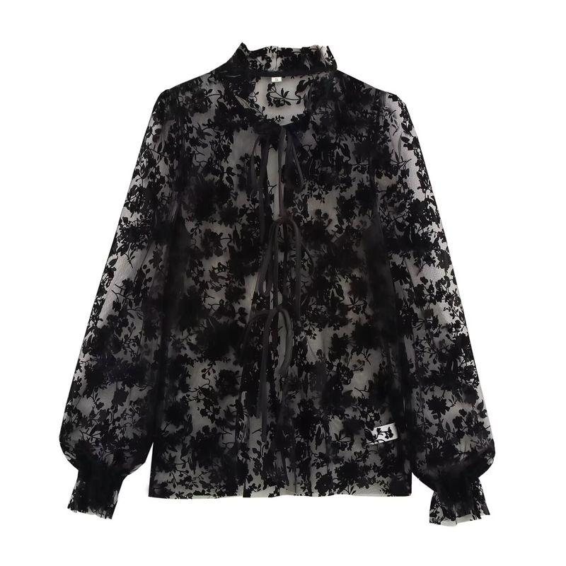 Kaslead New Arrival Women's Clothing Fashion Style Fashion Minimalist Elegant Flocking Perspective Shoelace Tops