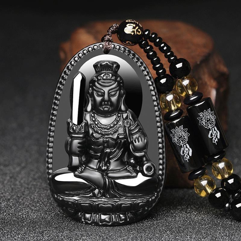 Black Obsidian Buddha Pendant Carved Design Beaded Chain Daily Wear Lucky Gift For Men Women