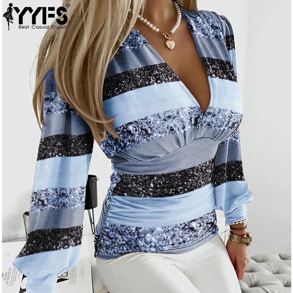 YYFS Women's Fashion Casual Spring Fall Stripe Print Long Sleeve V-Neck Blouses & Shirts