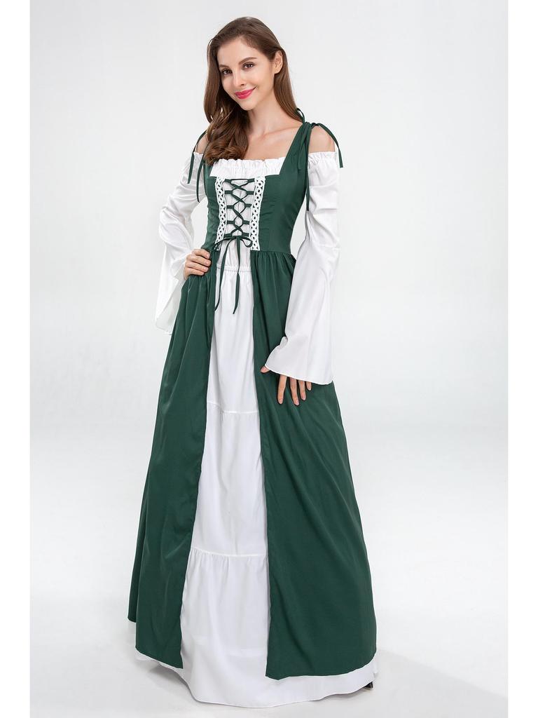 European and American Vintage Medieval Renaissance Square Neck Lace-Up Corset Halloween Costume Dress