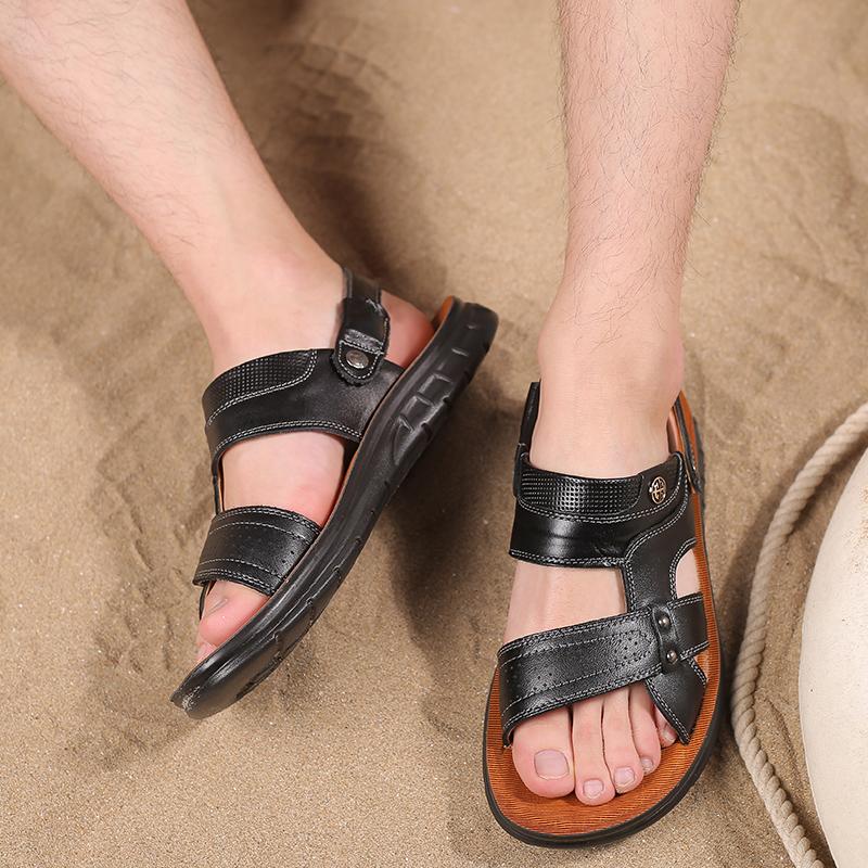 TUINANLE Men's Pu Leather Sandals Summer Beach Slides Casual Retro Brown Shoes Outdoor Flip Flops Non-Slip Sandals