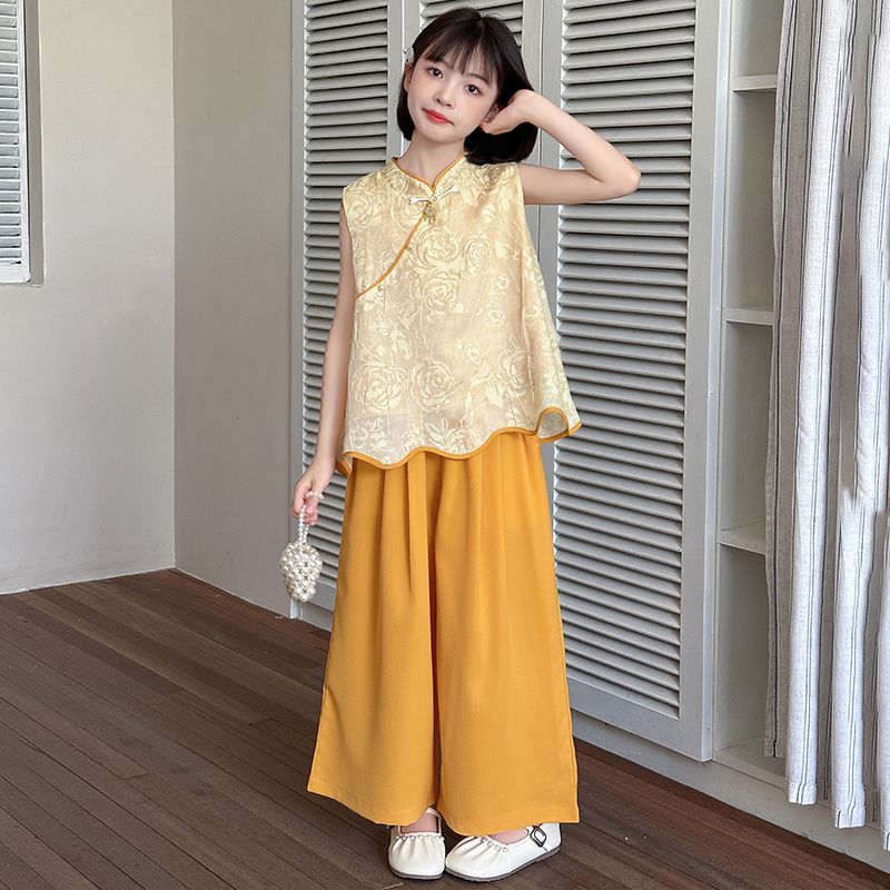 Girl's Mid Size Summer Suit Vest Embroidered Wide Leg Pants Fashion Set