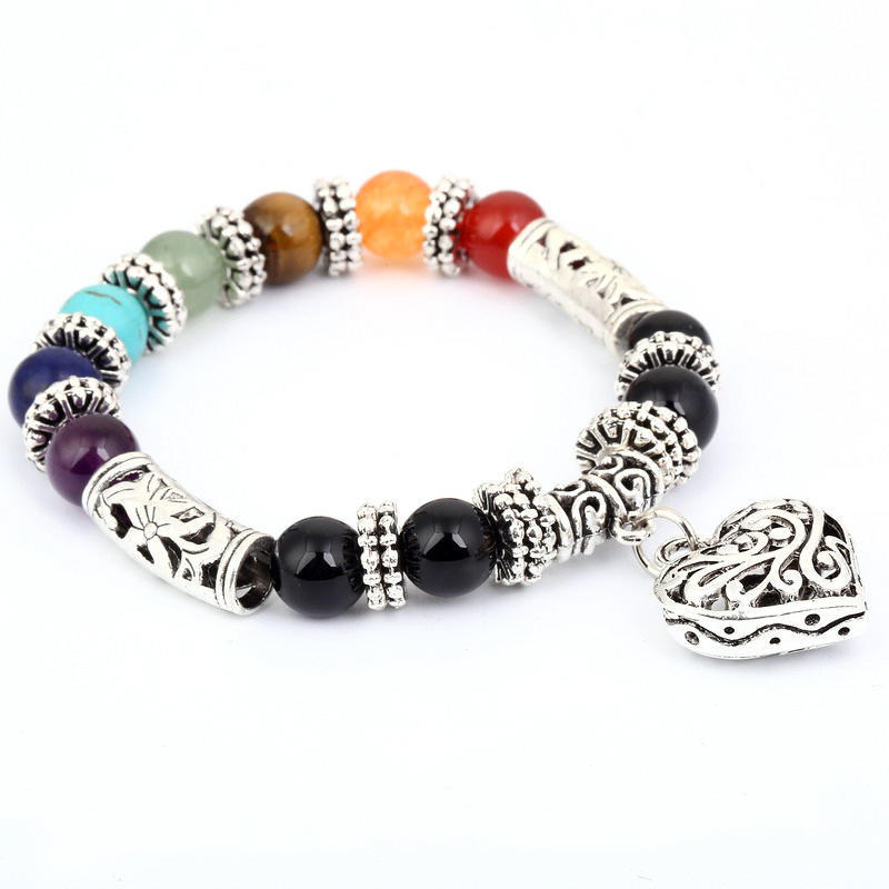 Men Women 8mm Bracelets Bangles 7 Chakra Healing Balance Beads Heart Charm Bracelet For Female Reiki Prayer Stones Jewelry