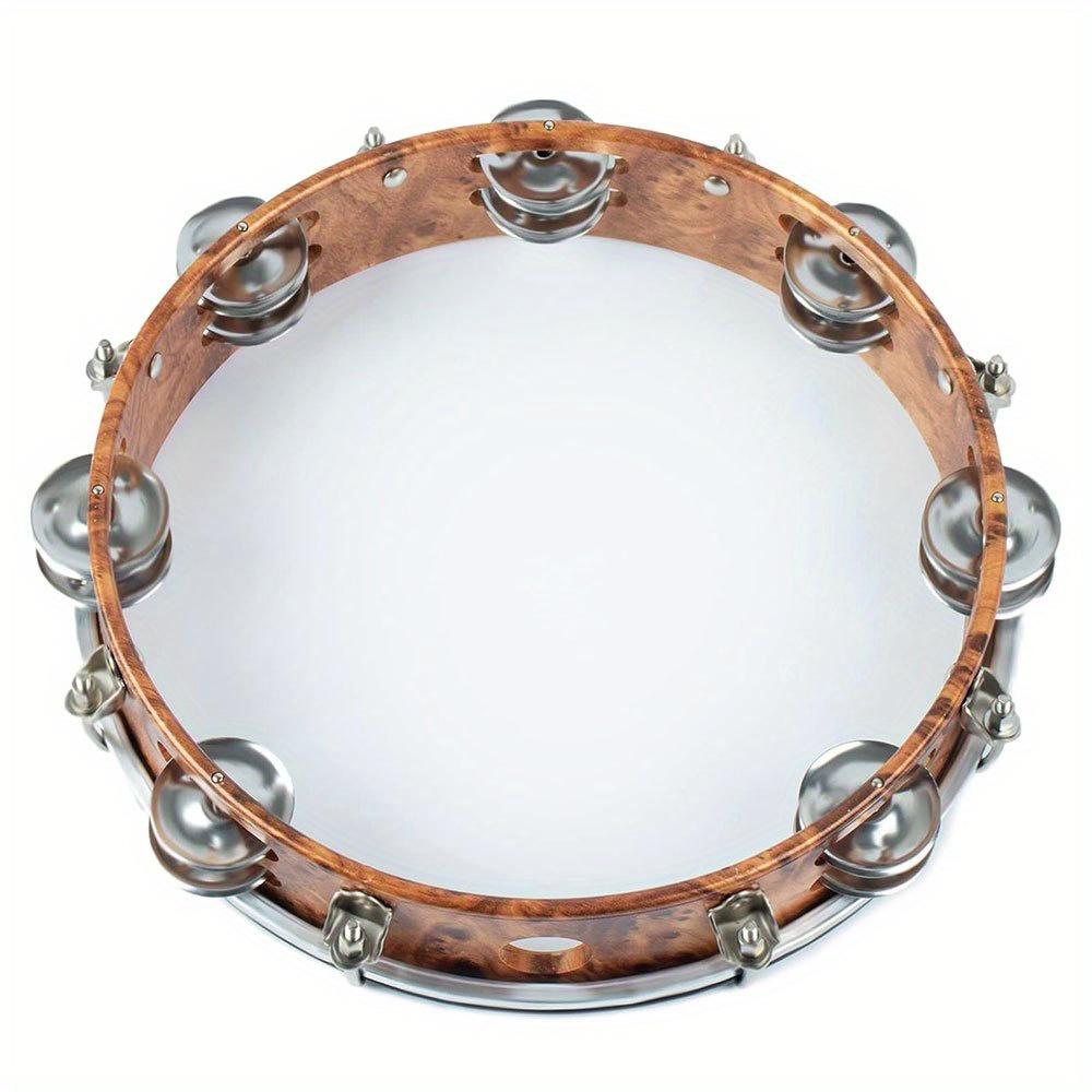 10-inch Tambourine Double Row Stainless Steel Bells with Adjustment Tuning Tool Hand Clapper Drum Performing