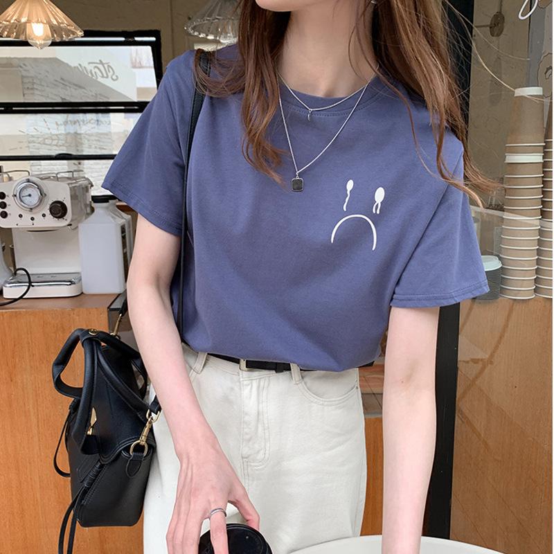 

Short-sleeved t-shirt women s summer new Korean version of student print crew neck top loose half-sleeved t-shirt bottoming shirt XXL синій