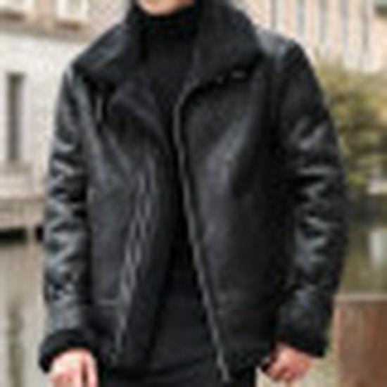 Men s PU Leather Winter Jacket with Lambswool - 2026 Korean Style Thickened Down Cotton Motorcycle Coat M чёрный