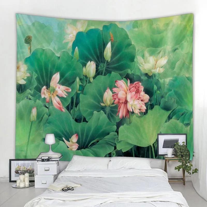 Home art decoration lotus leaf tapestry wall hanging bohemian hippie small fresh tapestry yoga mat large beach towel